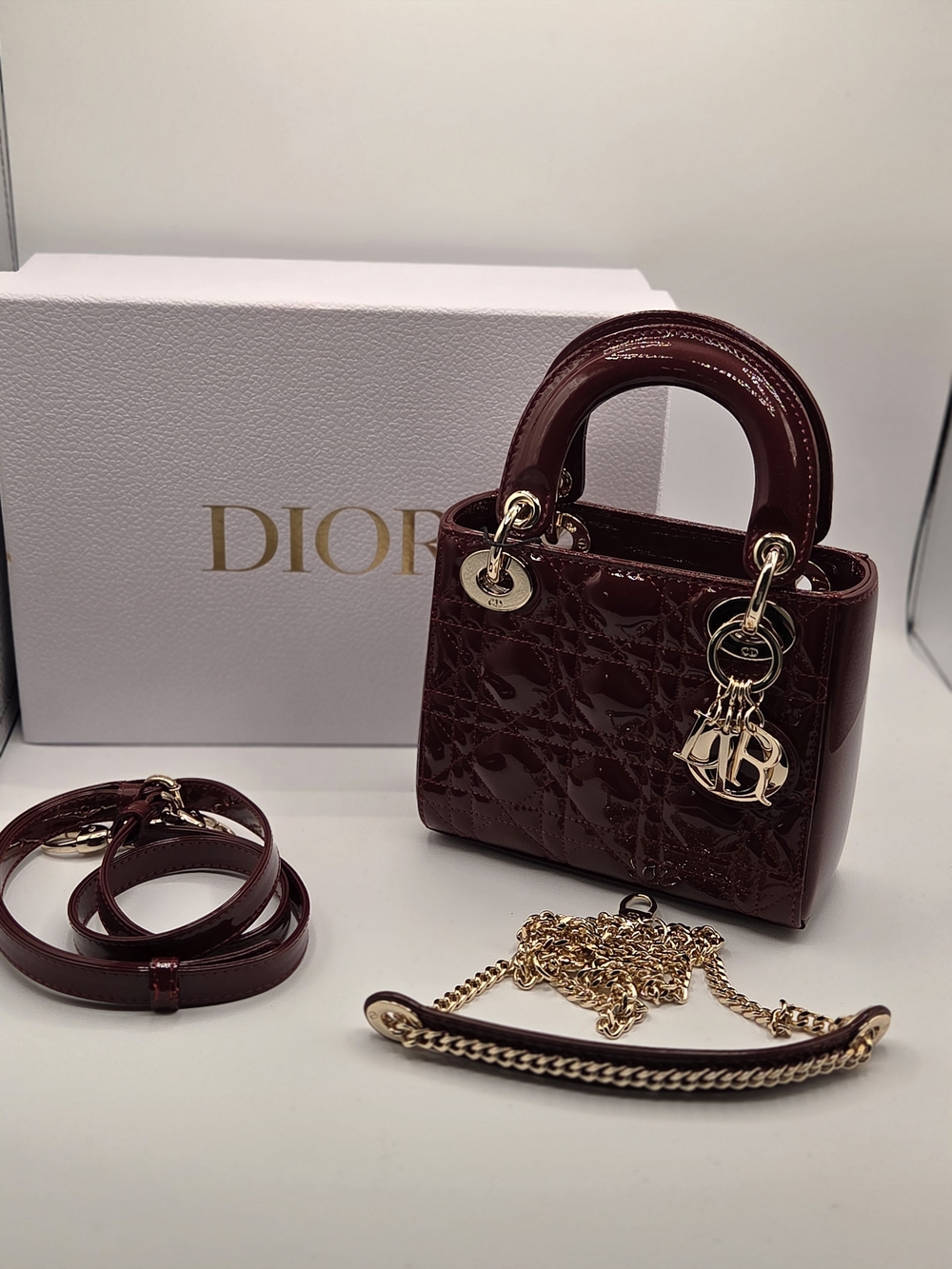 Authentic Christian Dior Mini Lady Dior Bag - Burgundy Patent Cannage GHW - Picture 3 of 16